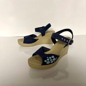 Crocs Womens Sandals Size W9 Navy Blue Canvas Wedge Adjustable Ankle Strap